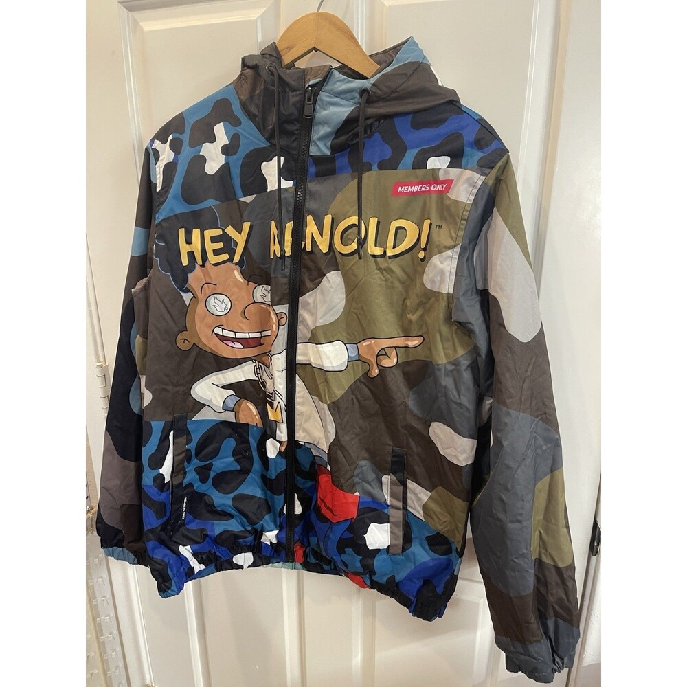 MEMBERS ONLY Nickelodeon Jacket Mens M Hooded WINDBREAKER 90s Hey Arnold Gerald